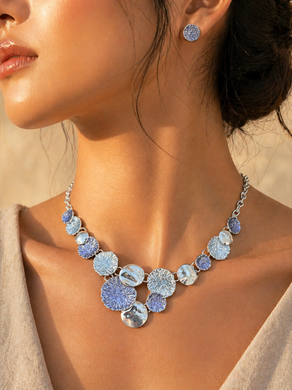 Blue Ripple Disc Necklace Set