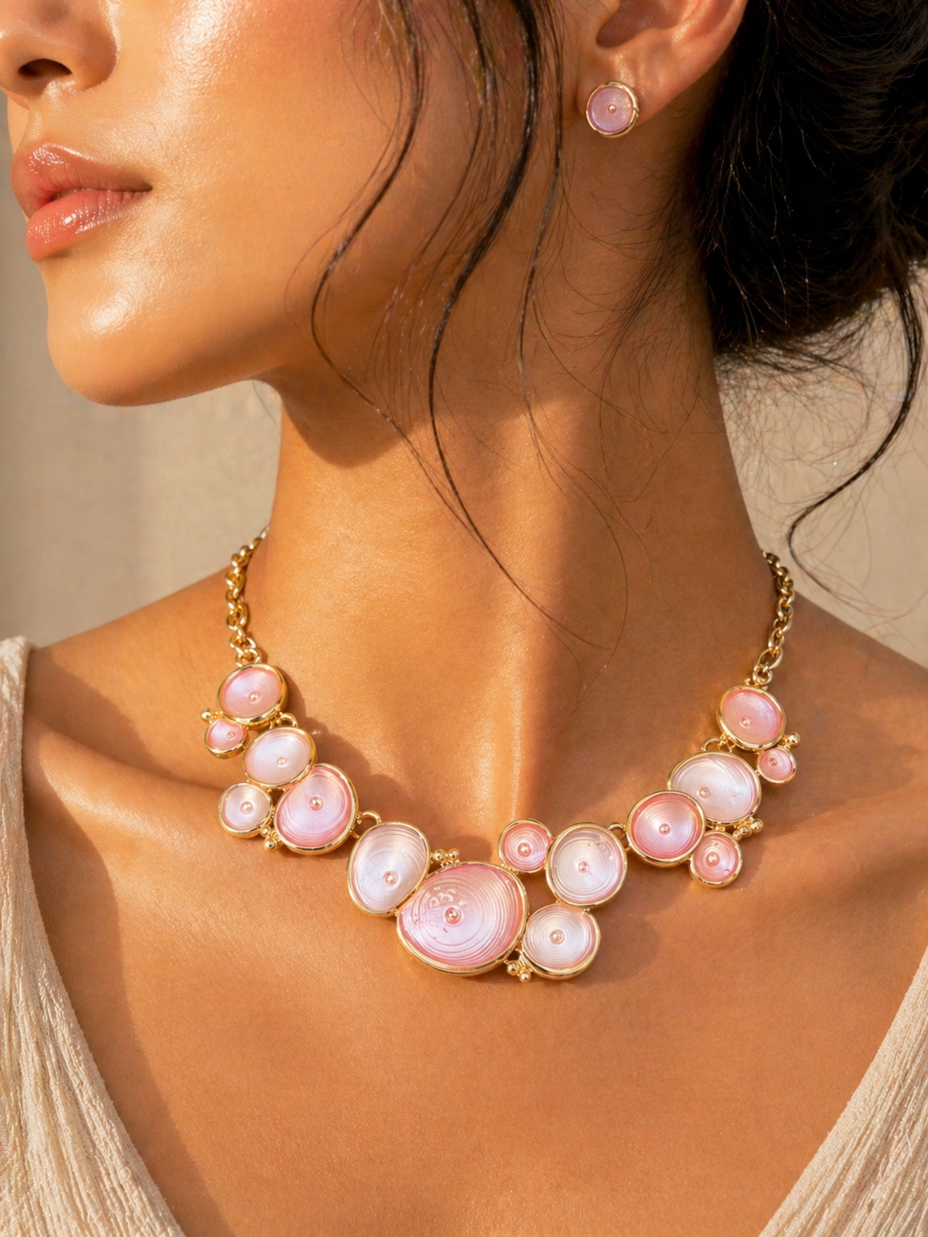 Pink Shell Disc Necklace Set