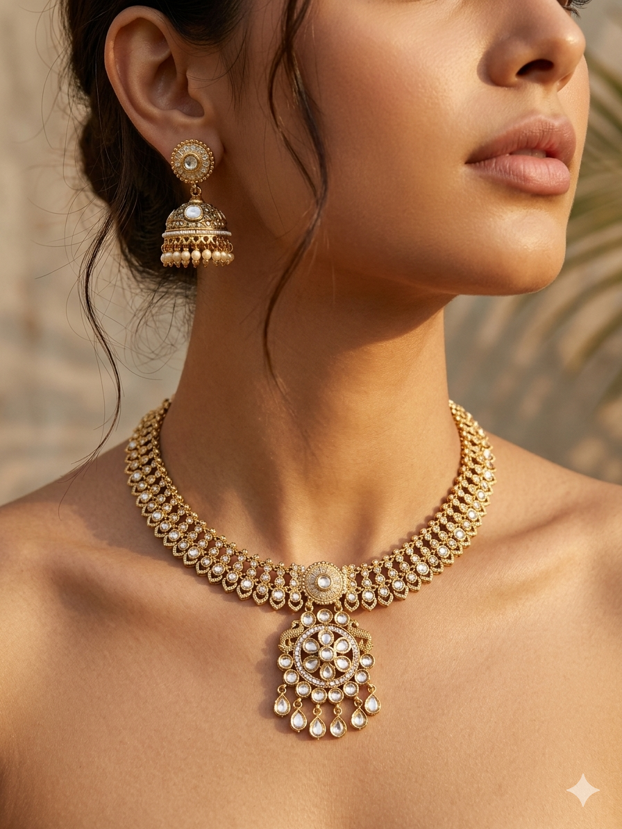 The Kavya Royal High Gold Plated Kundan Necklace Set