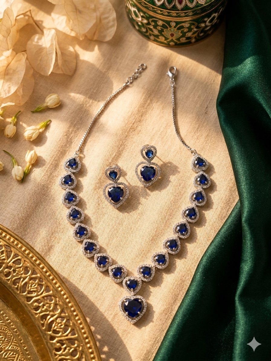 The Royal Blue Heart American Diamond Necklace Set