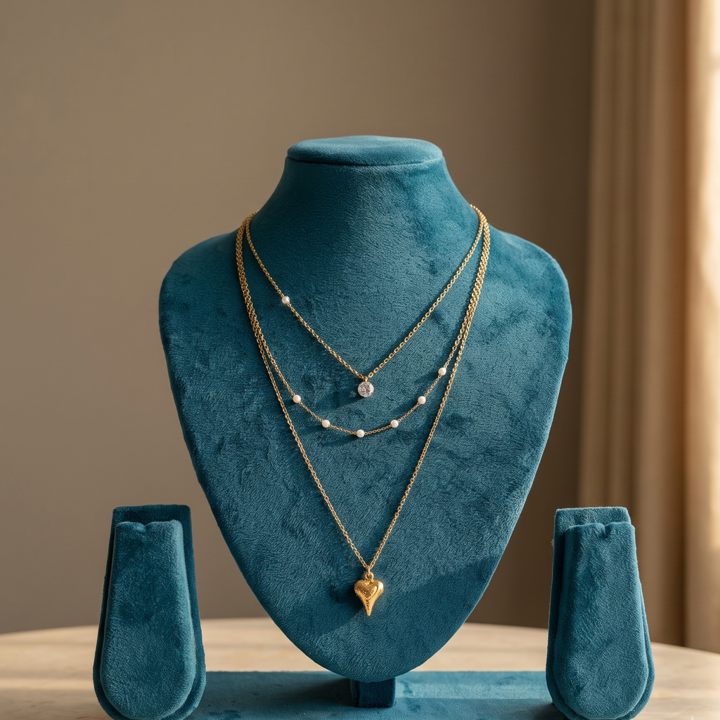 Multi-Layered Gold Heart & Pearl Pendant Necklace
