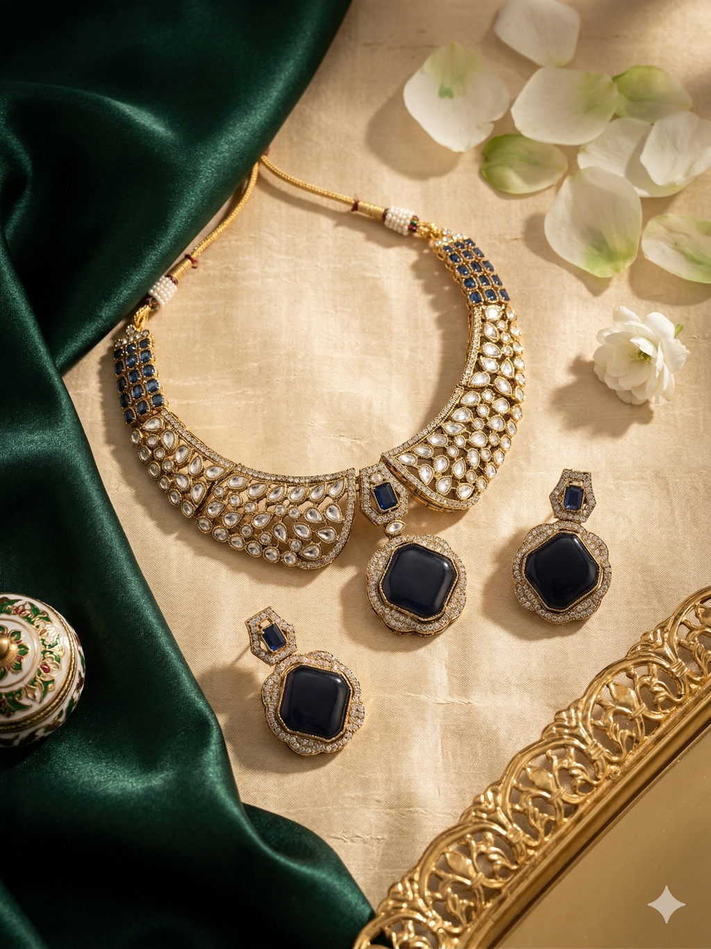 Dark Blue Rajwada Polki Necklace Set