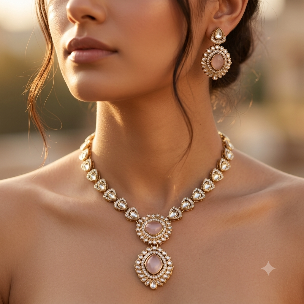 Blush Pink Kundan Drop Necklace Set