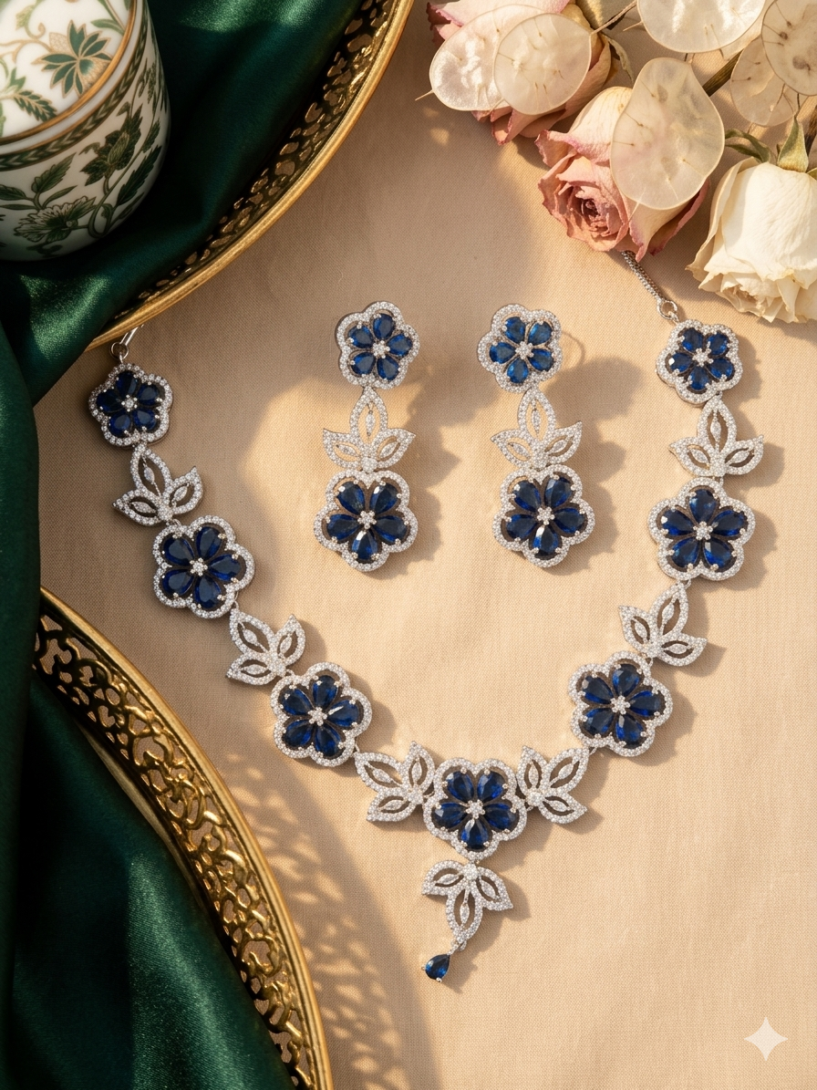The Blossom Blue American Diamond Necklace Set
