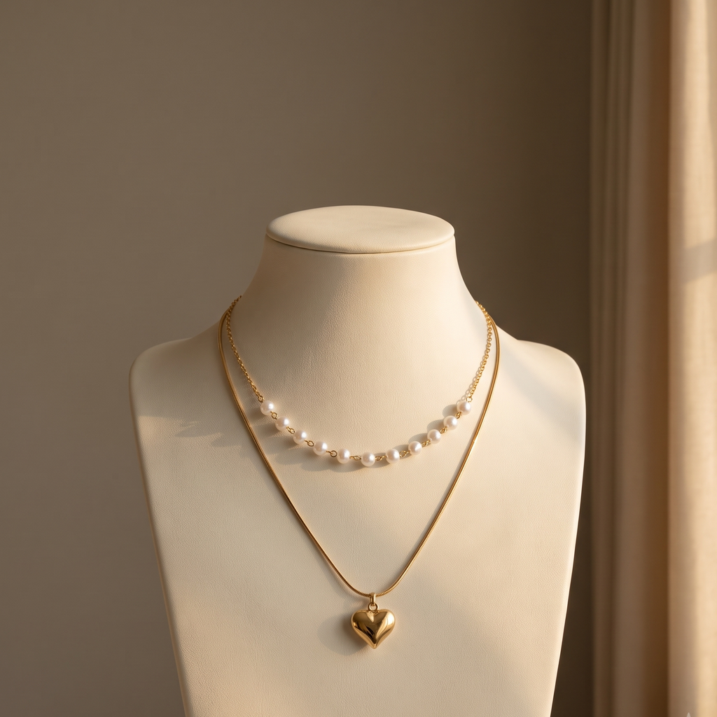 Layered Gold Snake Chain Heart & Pearl Station Necklace