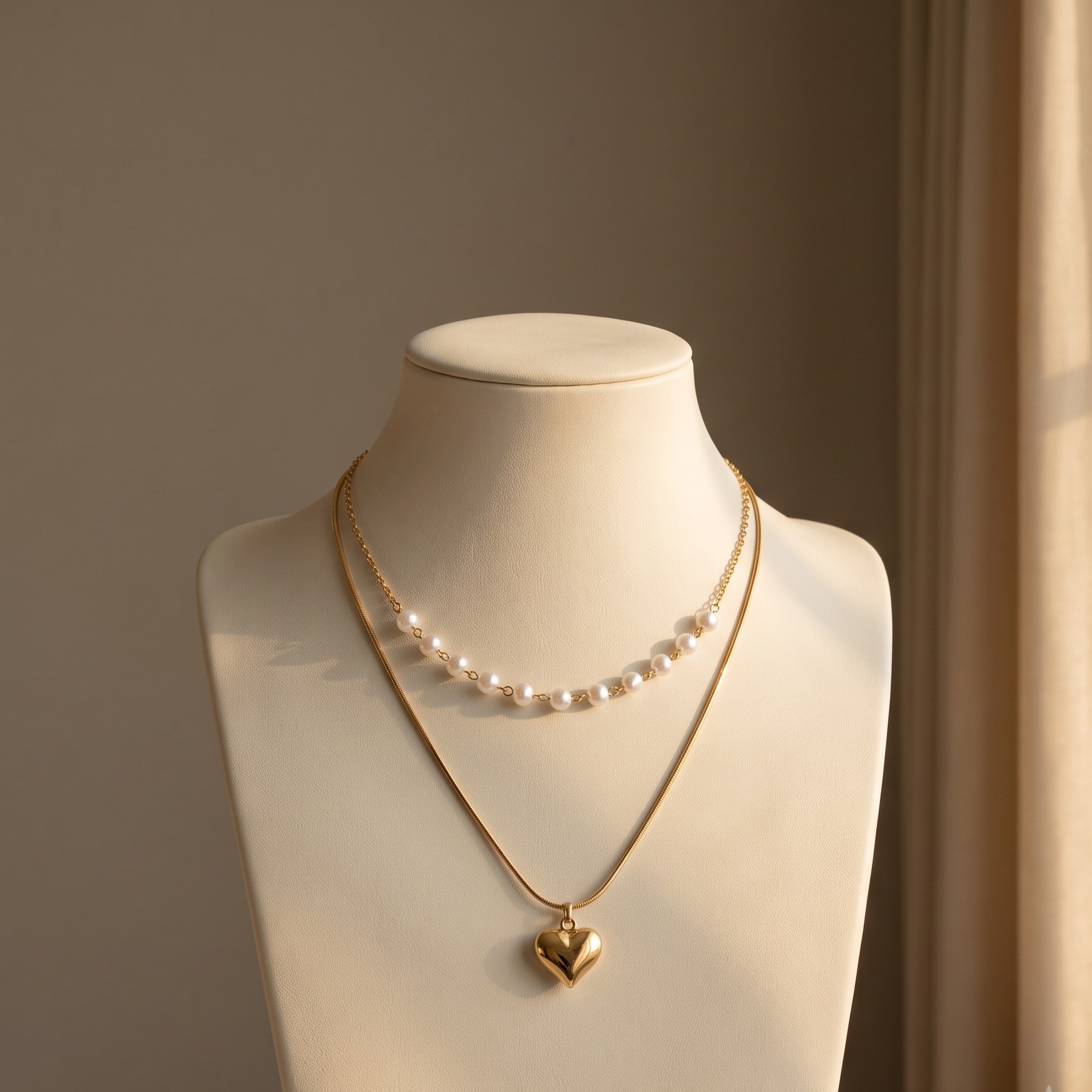 Layered Gold Snake Chain Heart & Pearl Station Necklace