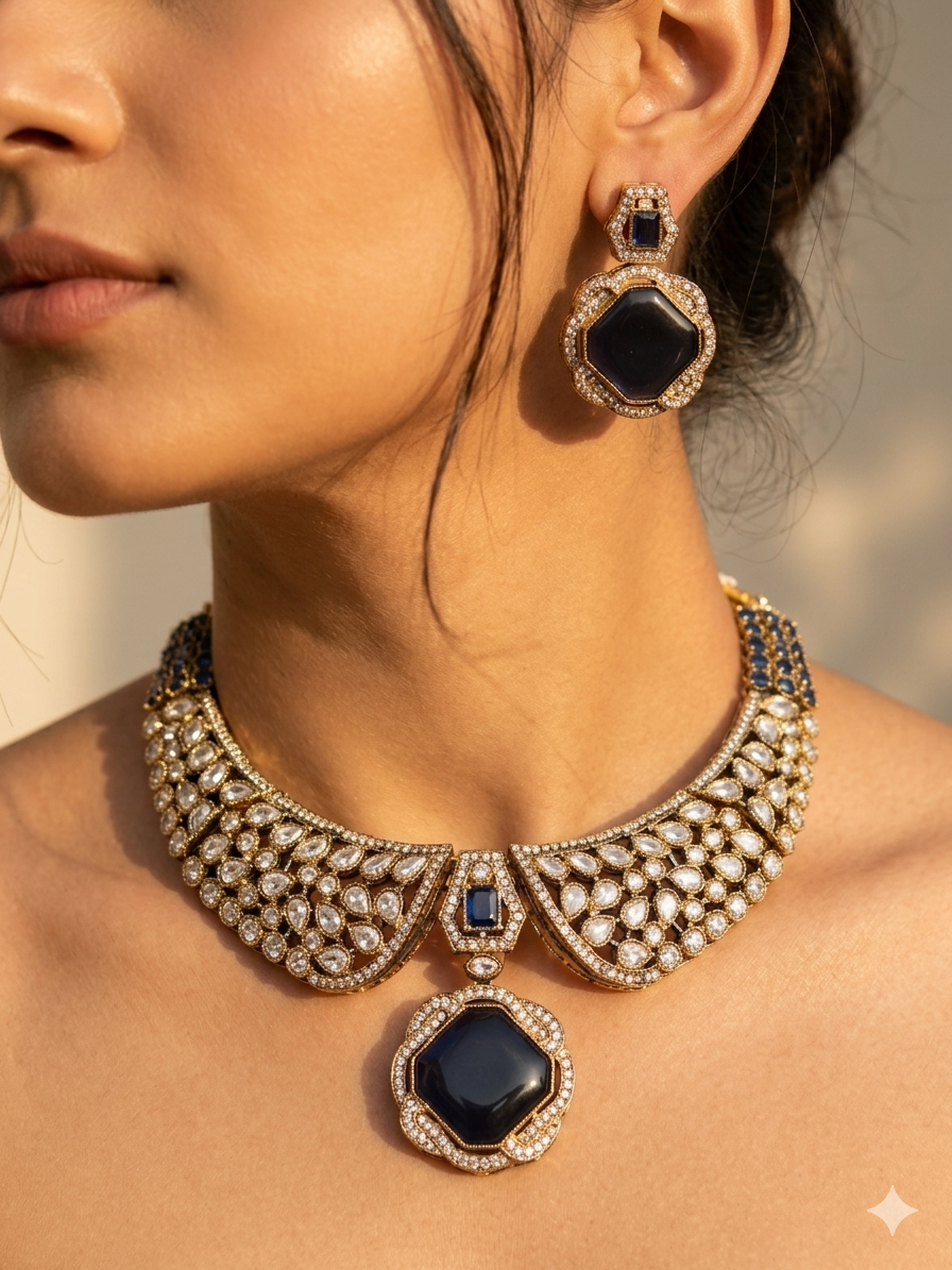 Dark Blue Rajwada Polki Necklace Set