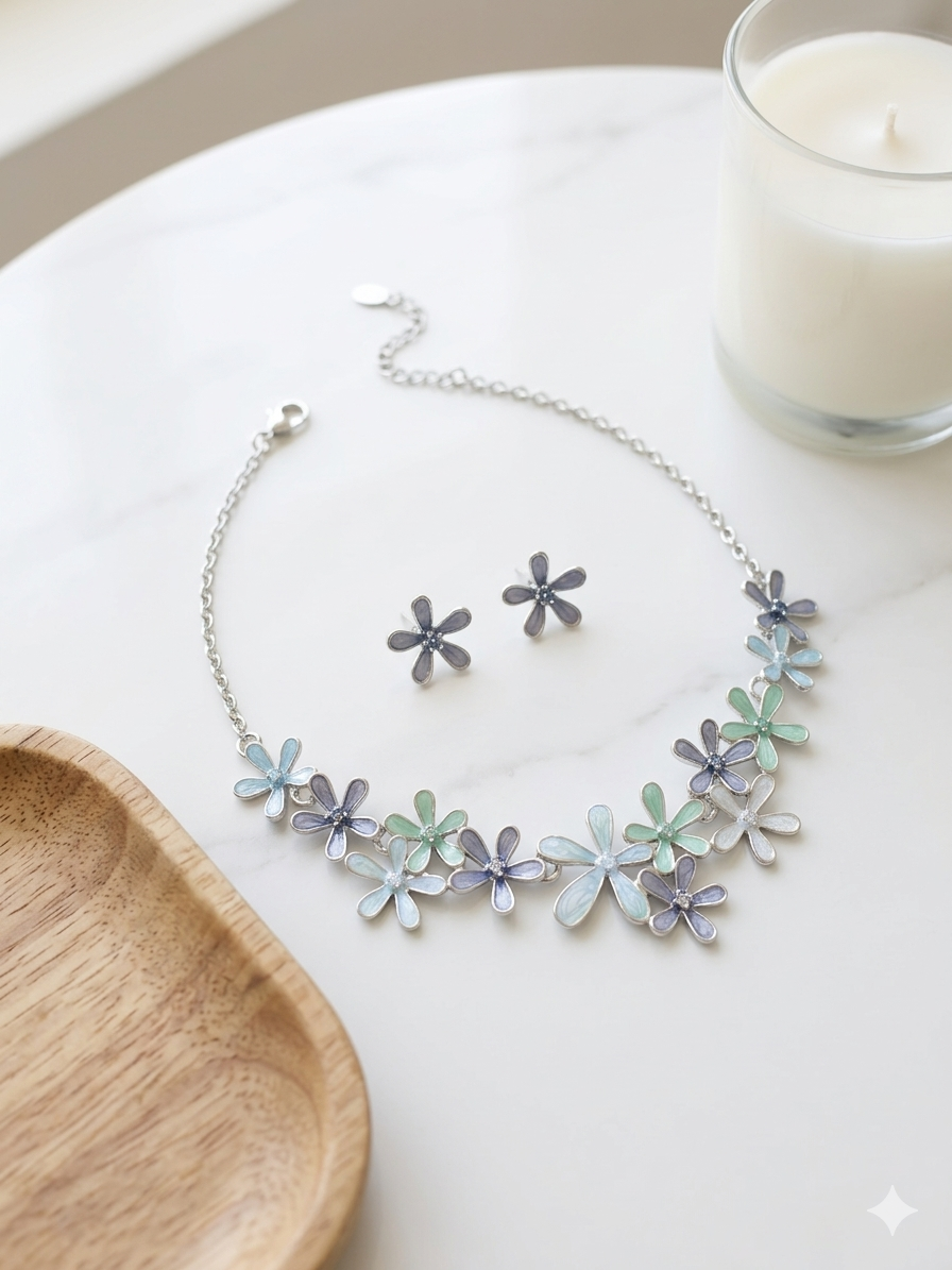 Blue Daisy Bloom Necklace Set