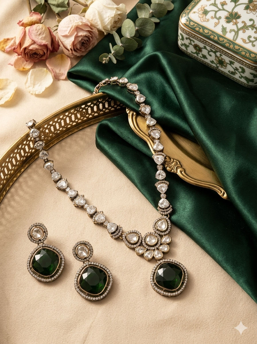 Emerald Noir Cut Kundan Necklace Set