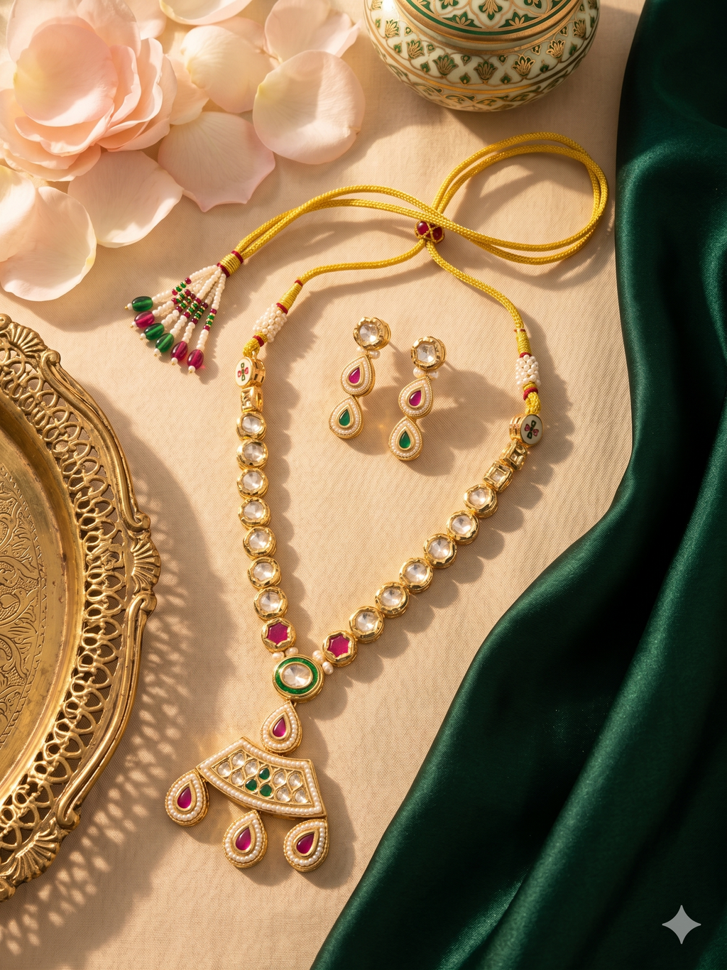 Aadya Antique Gold Plated Kundan Necklace Set with Ruby & Emerald Meenakari Drops