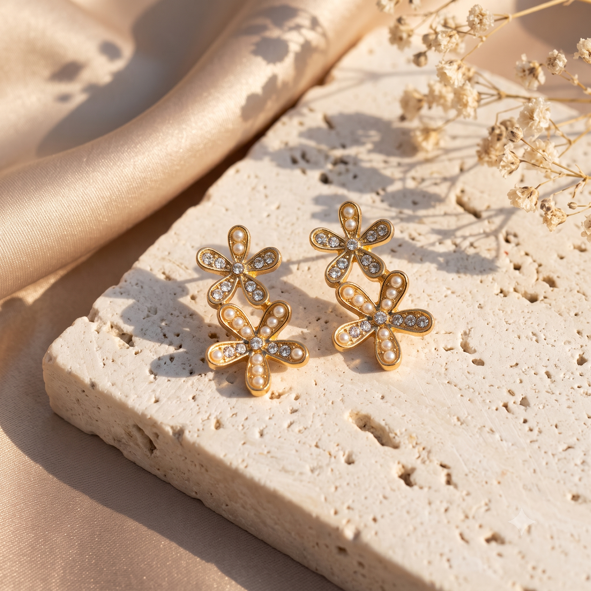 Double Daisy Pearl Earrings
