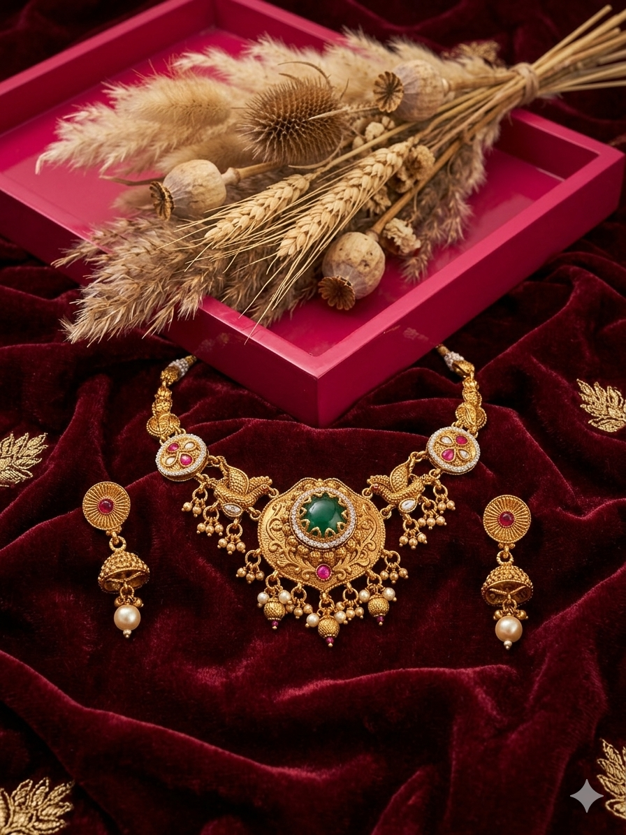 Rajwada Emerald Antique Necklace Set