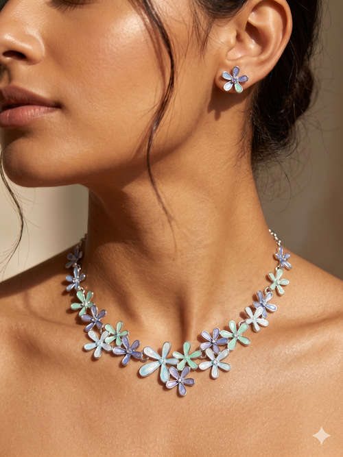Blue Daisy Bloom Necklace Set