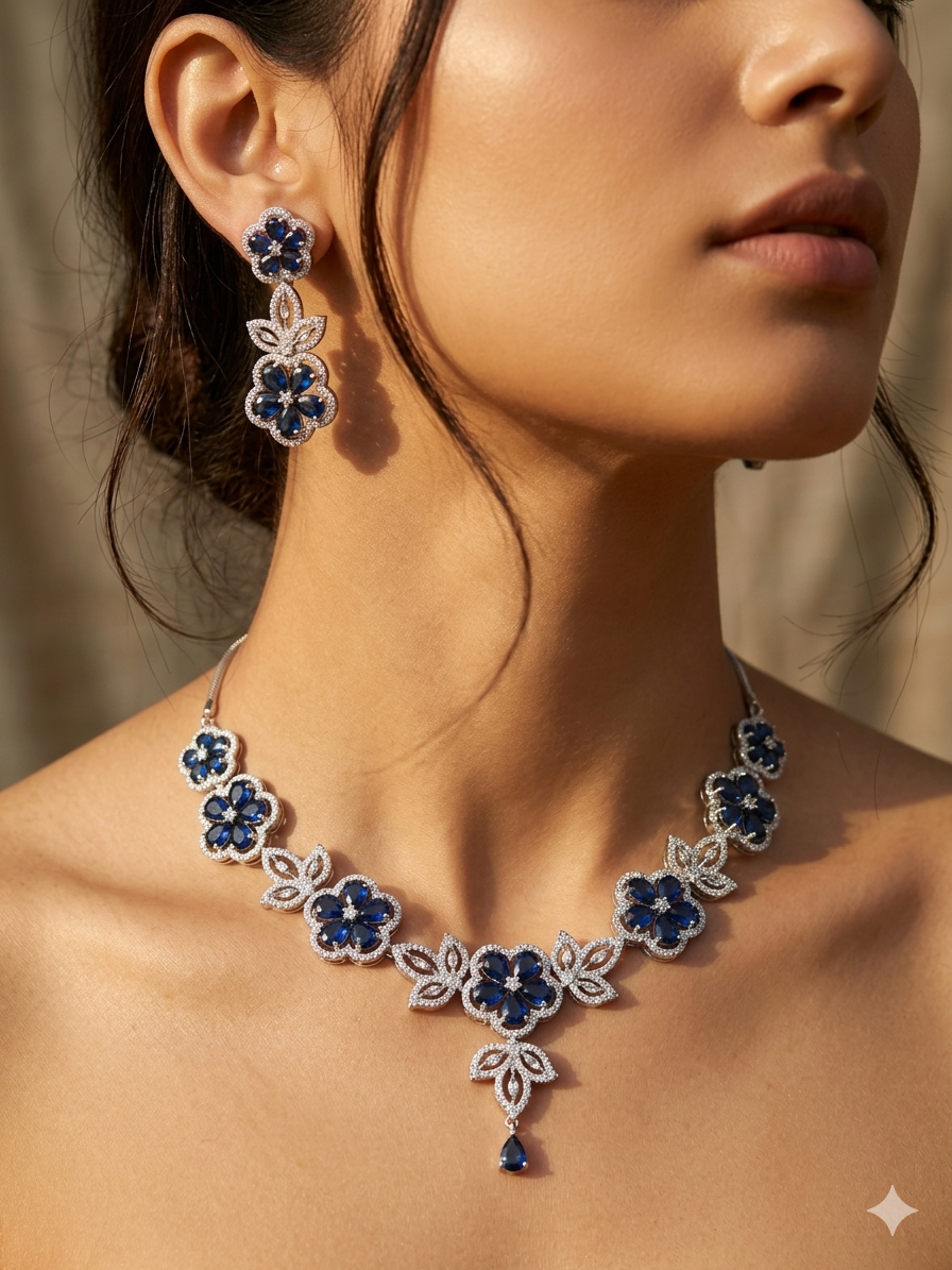 The Blossom Blue American Diamond Necklace Set