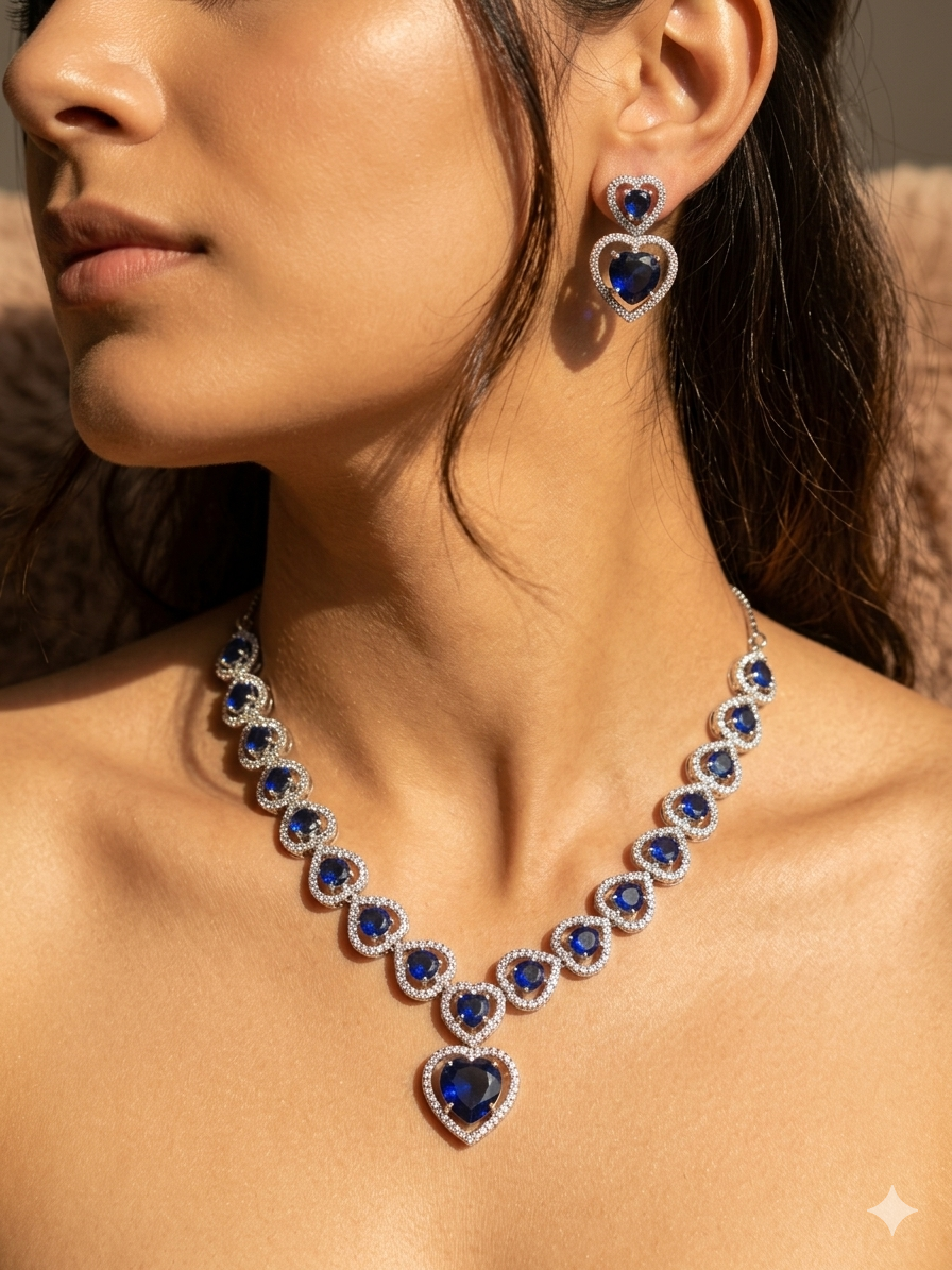 The Royal Blue Heart American Diamond Necklace Set