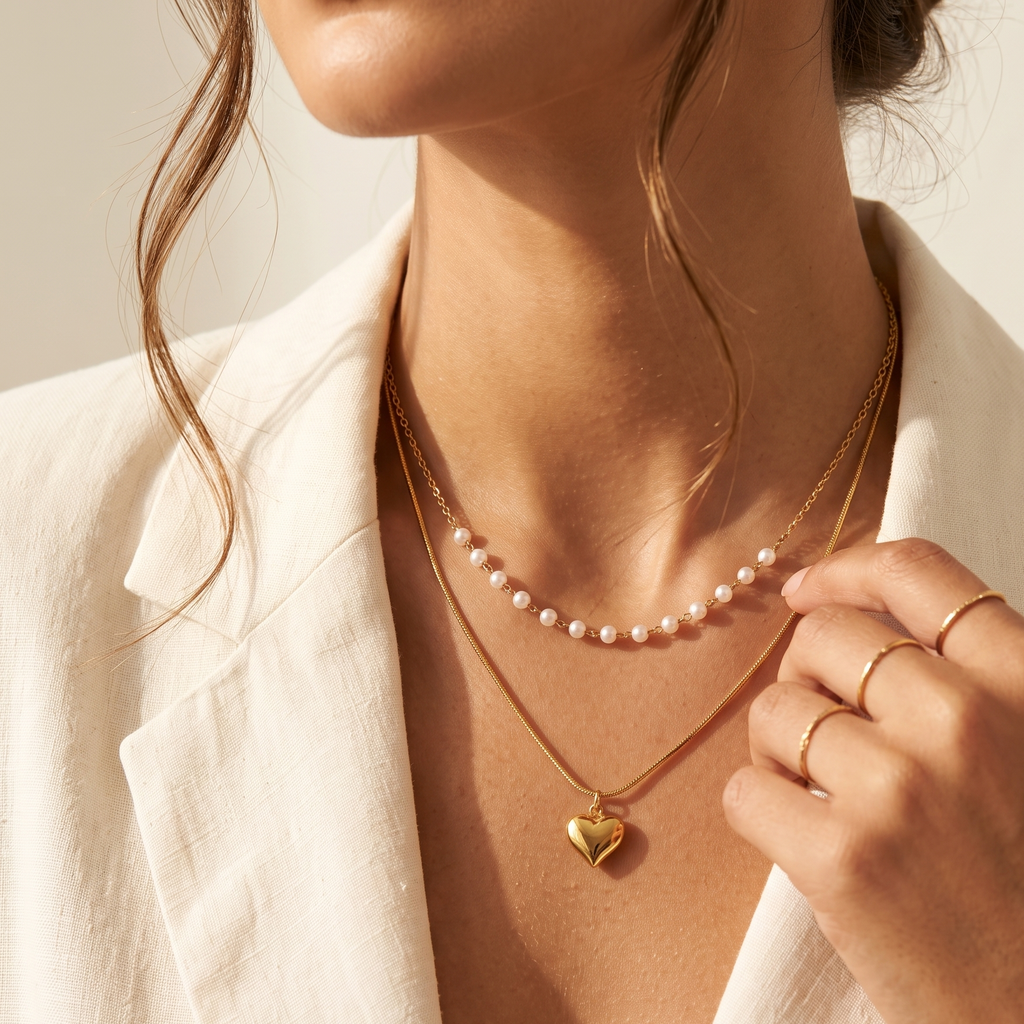 Layered Gold Snake Chain Heart & Pearl Station Necklace