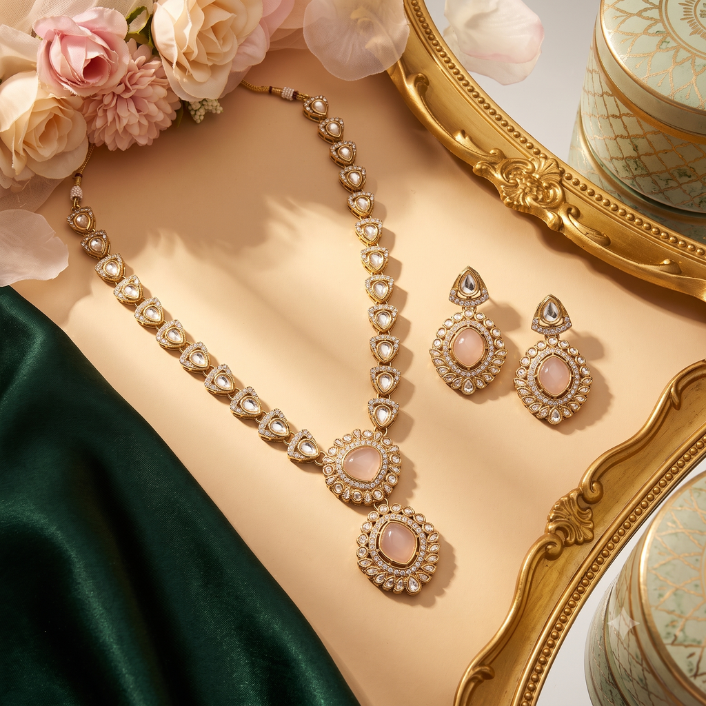 Blush Pink Kundan Drop Necklace Set