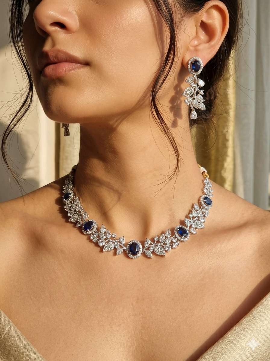 The Royal Blue Sapphire American Diamond Necklace Set