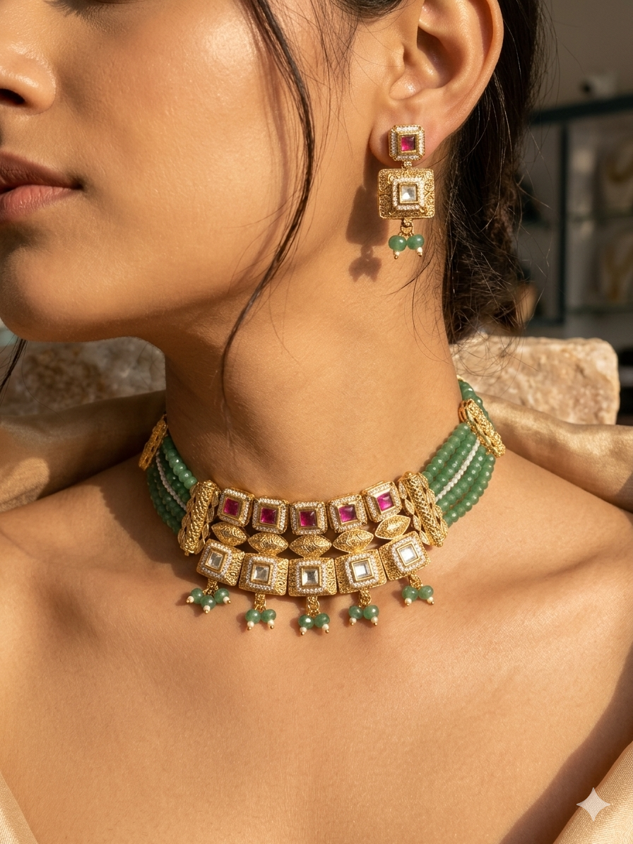 Emerald Rajkumari Kundan Choker Set