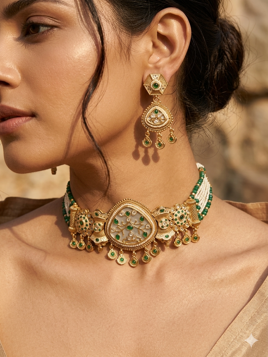 Emerald Sheesh Mahal Kundan Choker Set