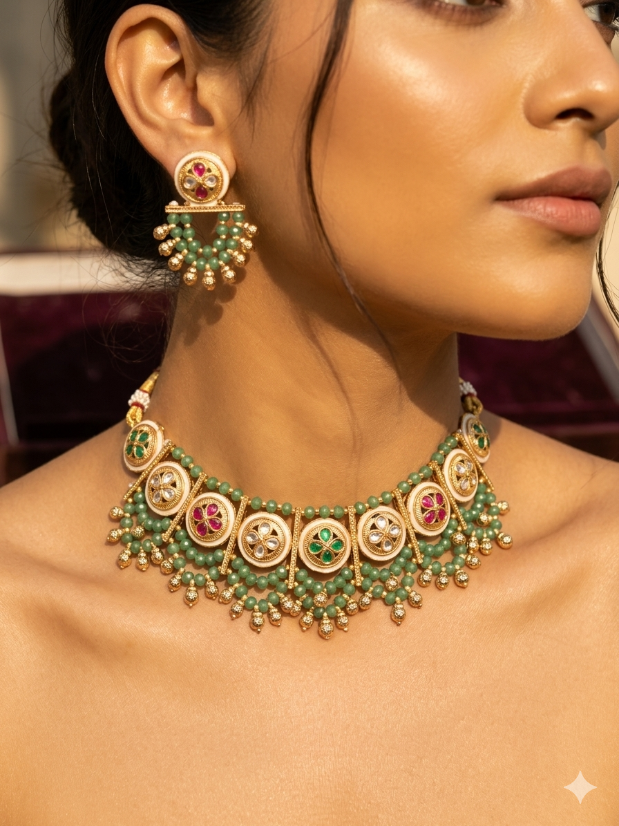 Emerald Phool Kundan Necklace Set