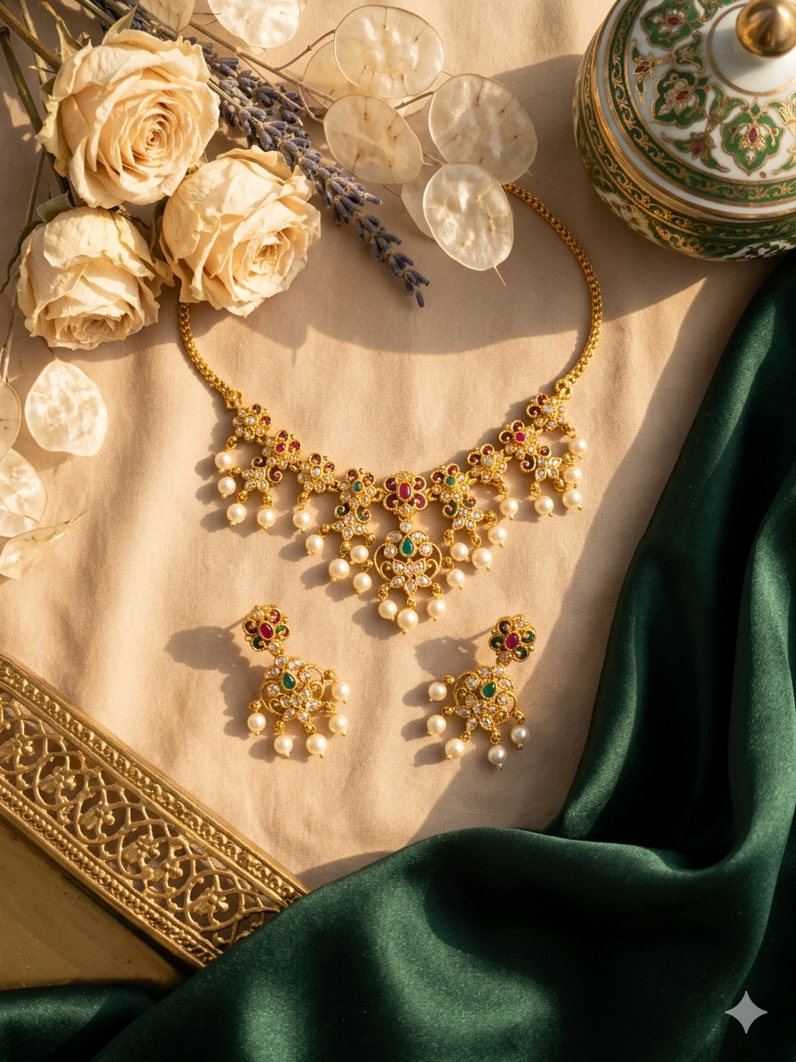 Pearl Gulmohar Kundan Necklace Set
