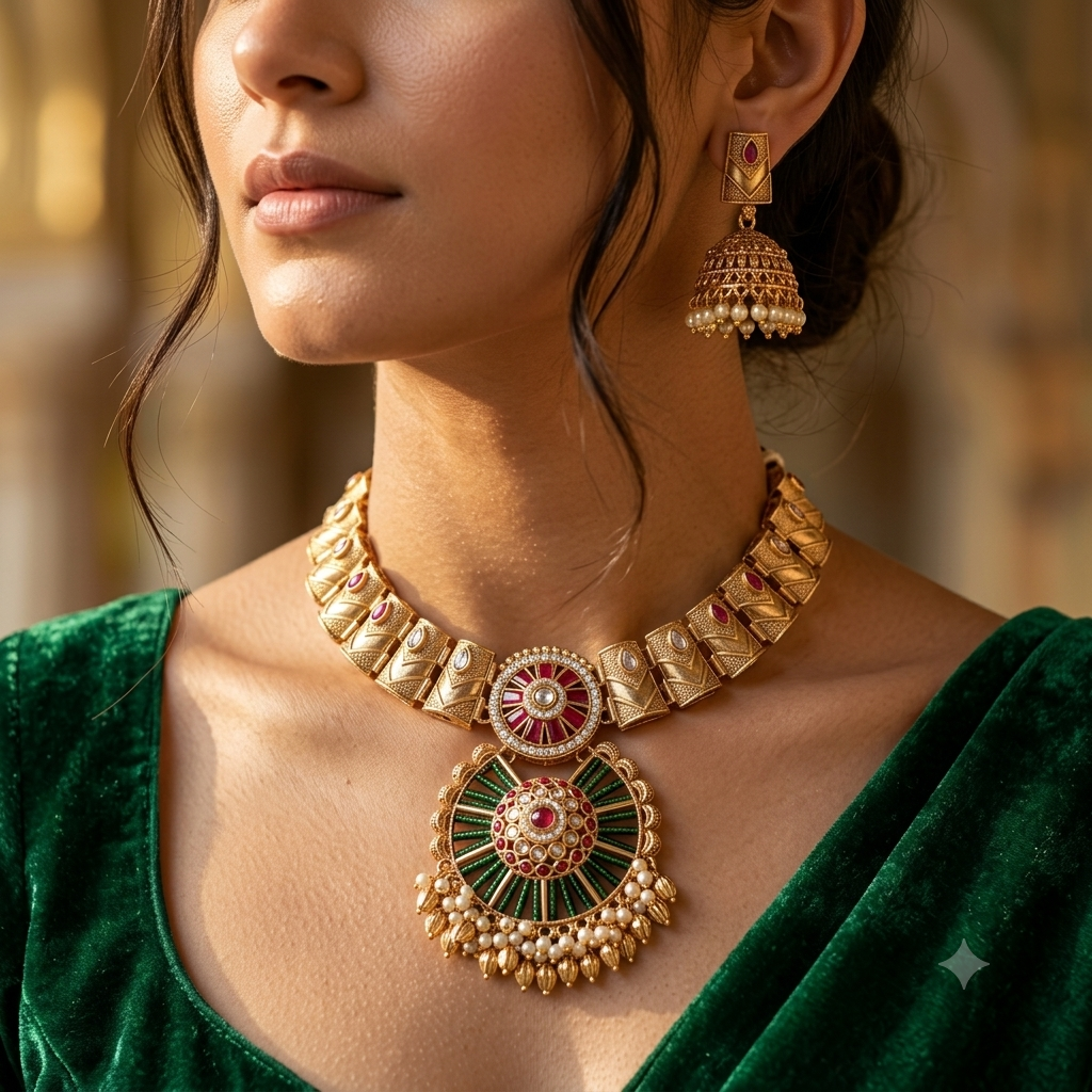 Rajwada Green Ruby Necklace Set