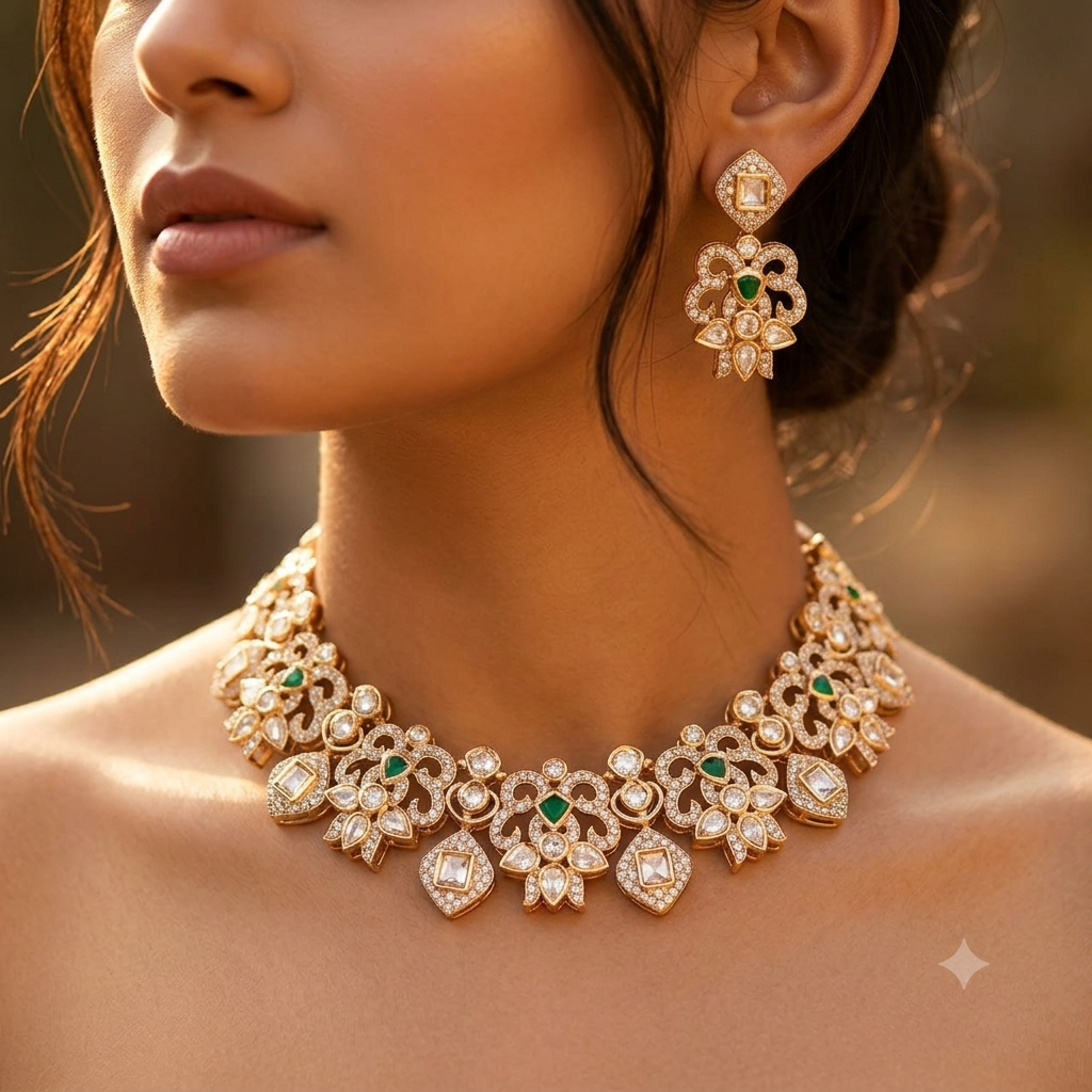Moissanite Floral Kundan Choker Set