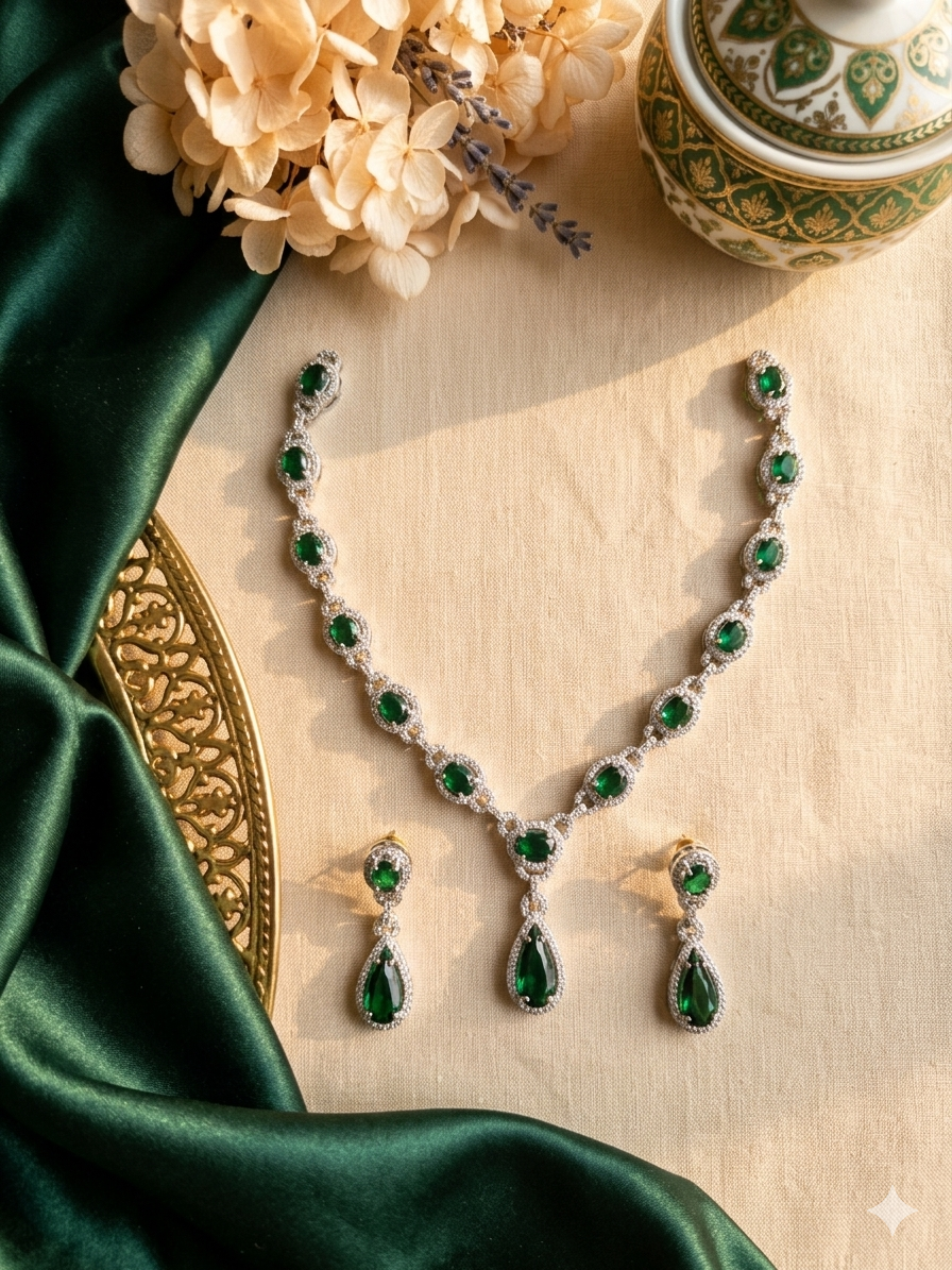 AD Emerald V-shaped Necklace Set
