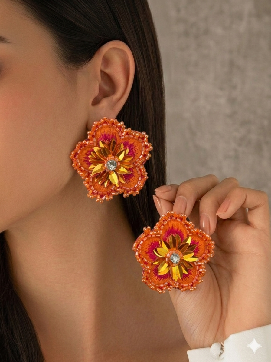 Orange Floral Statement Earrings