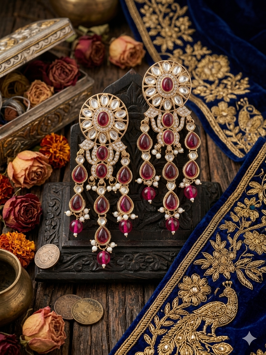 Ruby Long Pearl Kundan Earrings