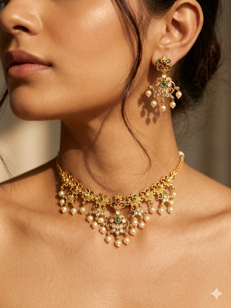 Pearl Gulmohar Kundan Necklace Set