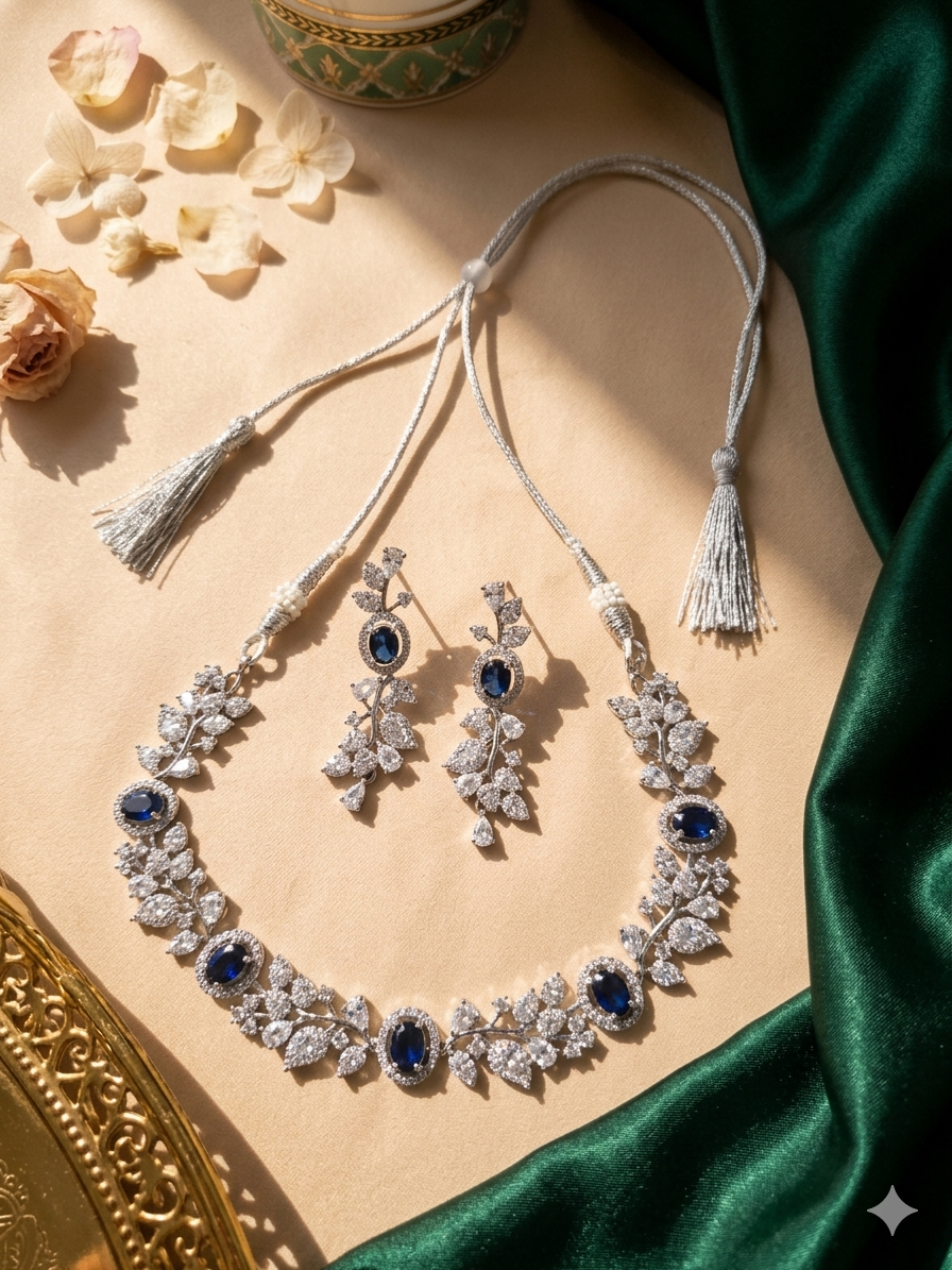The Royal Blue Sapphire American Diamond Necklace Set