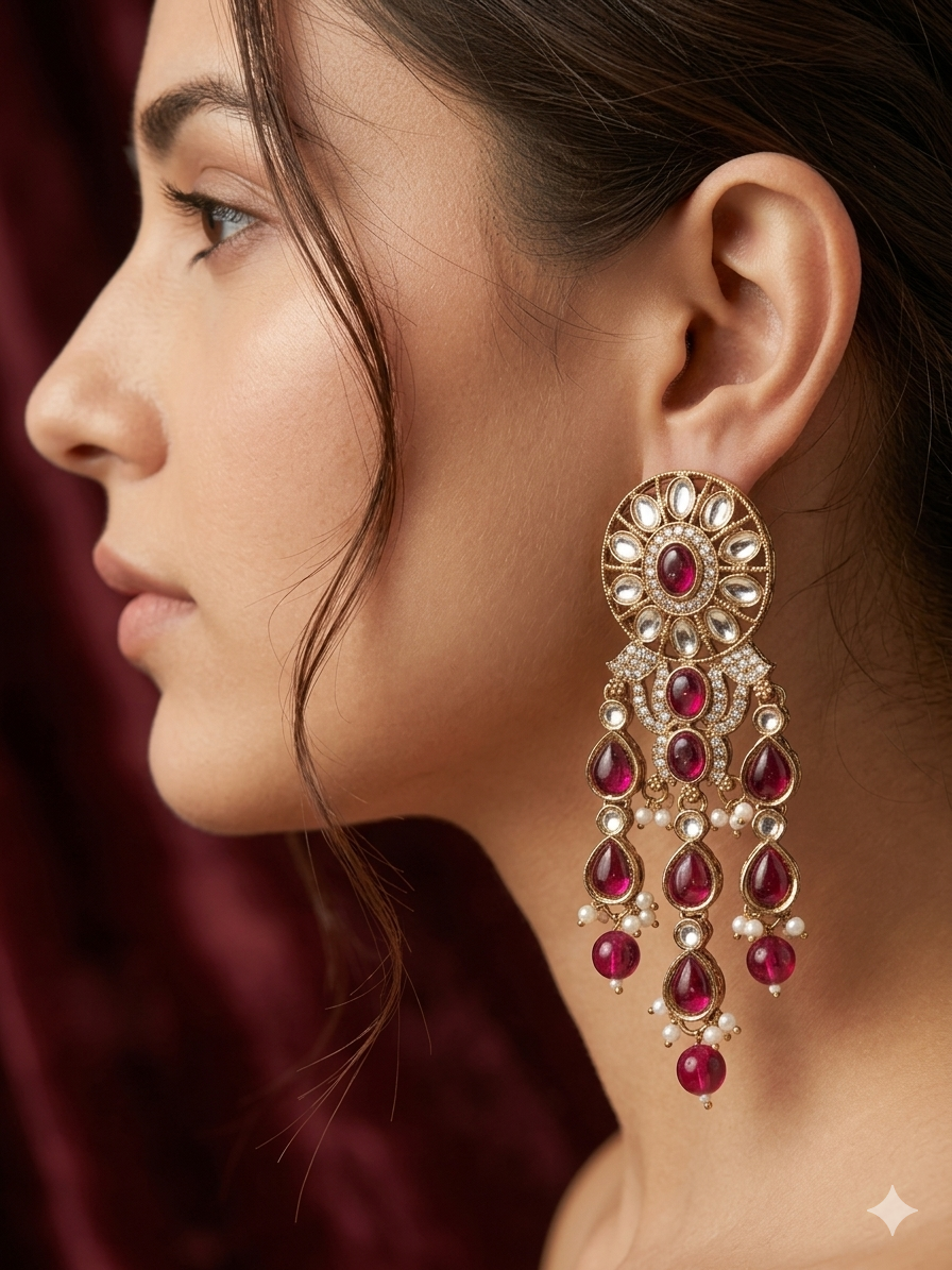 Ruby Long Pearl Kundan Earrings