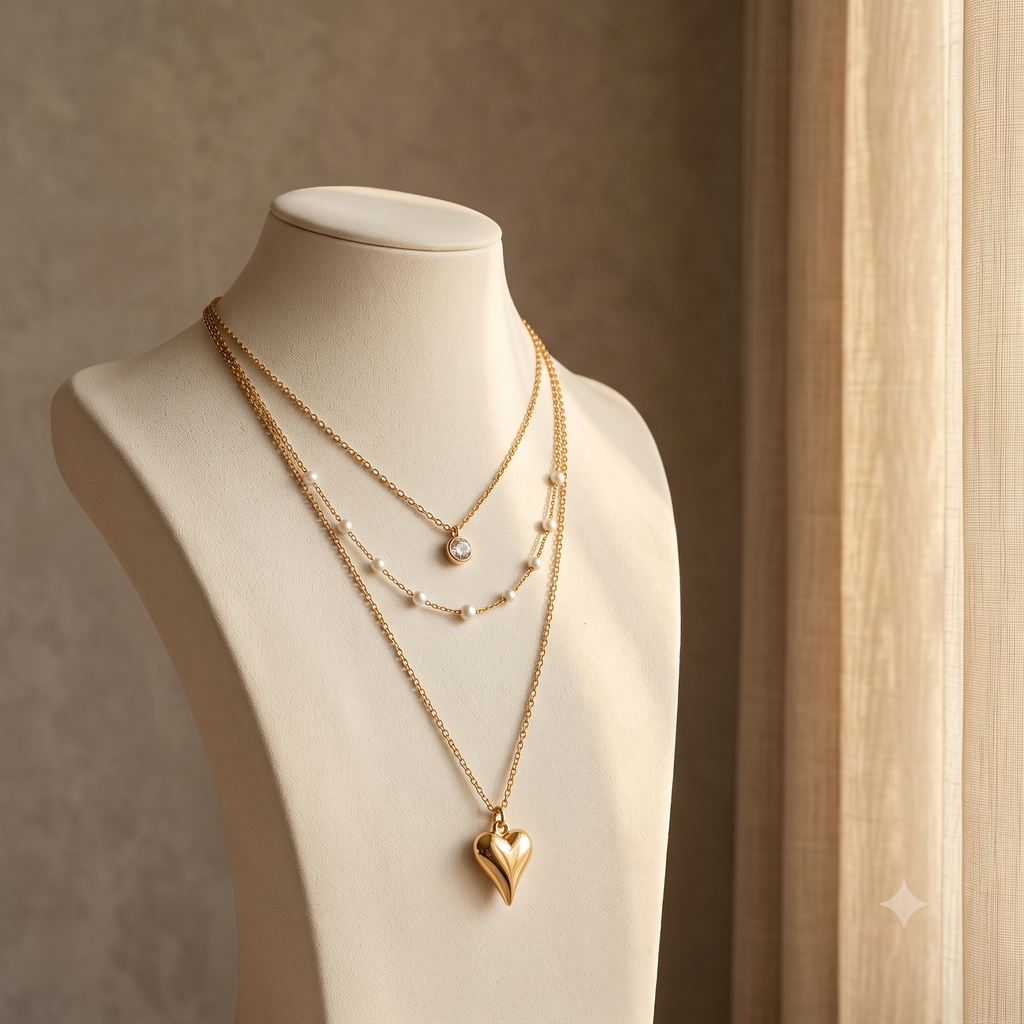 Multi-Layered Gold Heart & Pearl Pendant Necklace