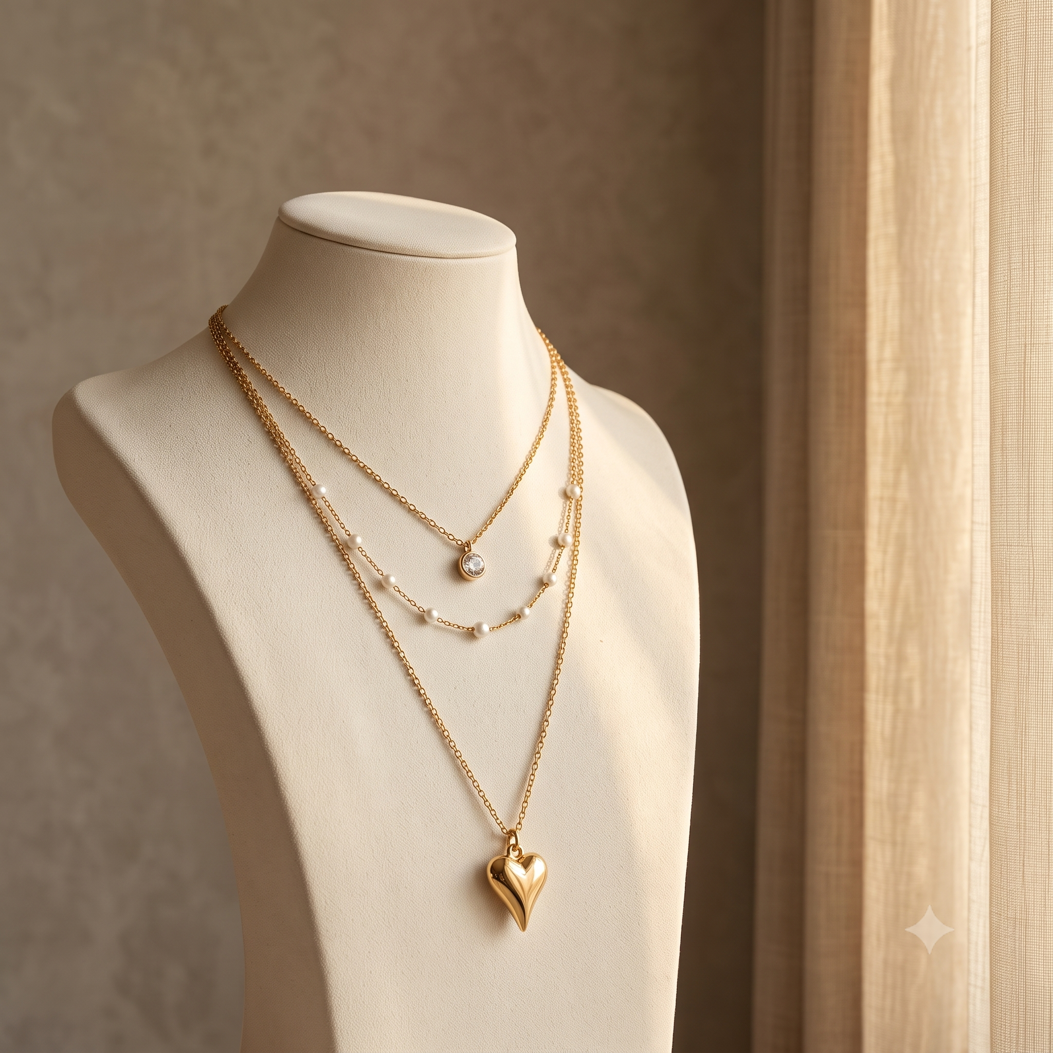 Multi-Layered Gold Heart & Pearl Pendant Necklace
