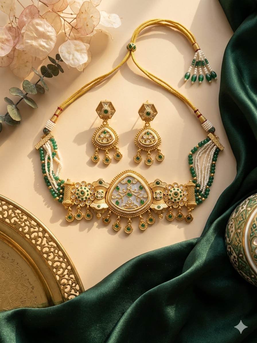 Emerald Sheesh Mahal Kundan Choker Set