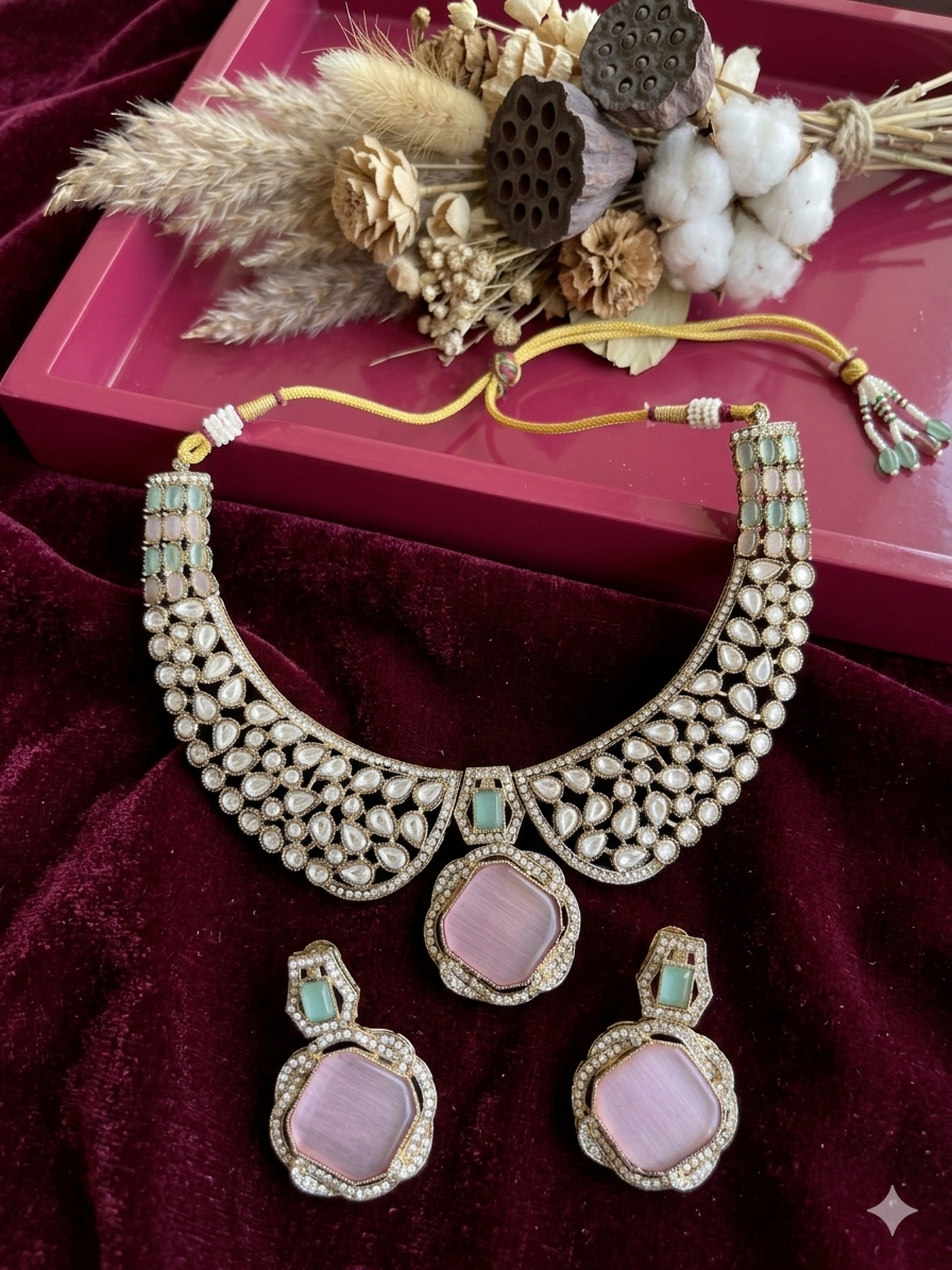 Blush Mint Green Kundan Collar Necklace Set
