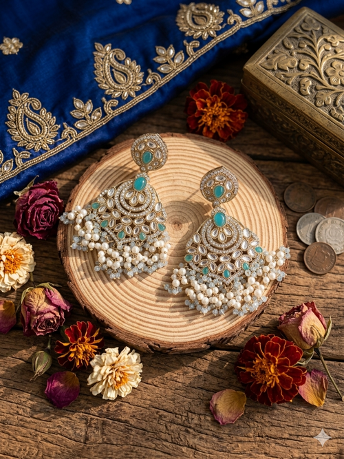 Aqua Pearl Chandbali Earrings