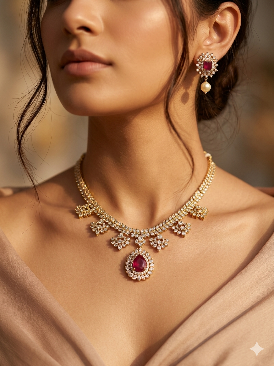 Riya Contemporary CZ Diamond Floral Necklace Set