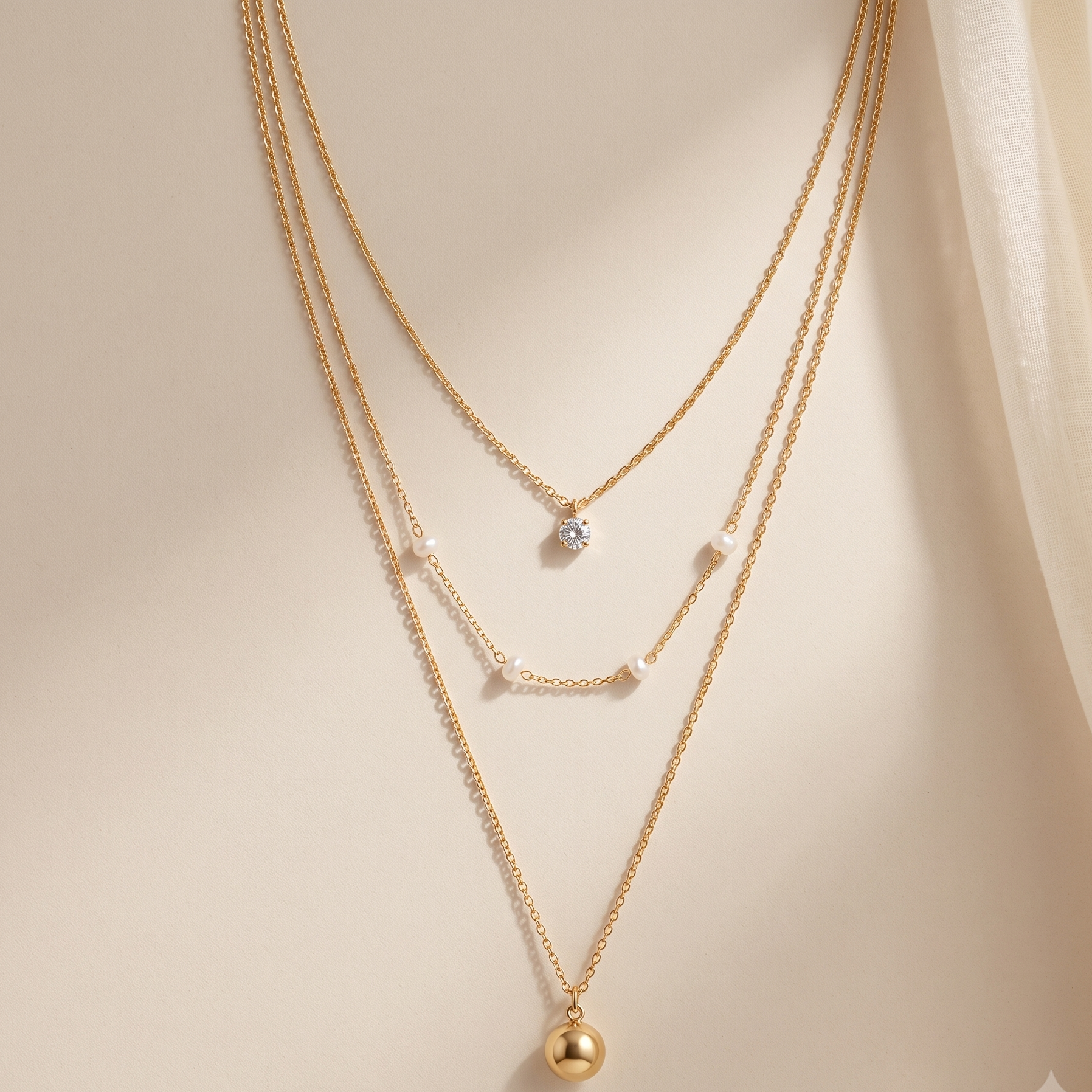 Layered Gold Sphere Pendant & Pearl Station Necklace