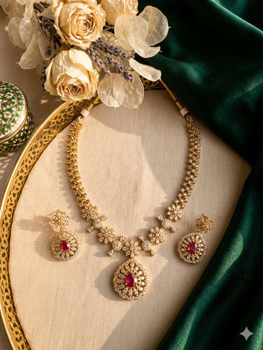 Riya Contemporary CZ Diamond Floral Necklace Set